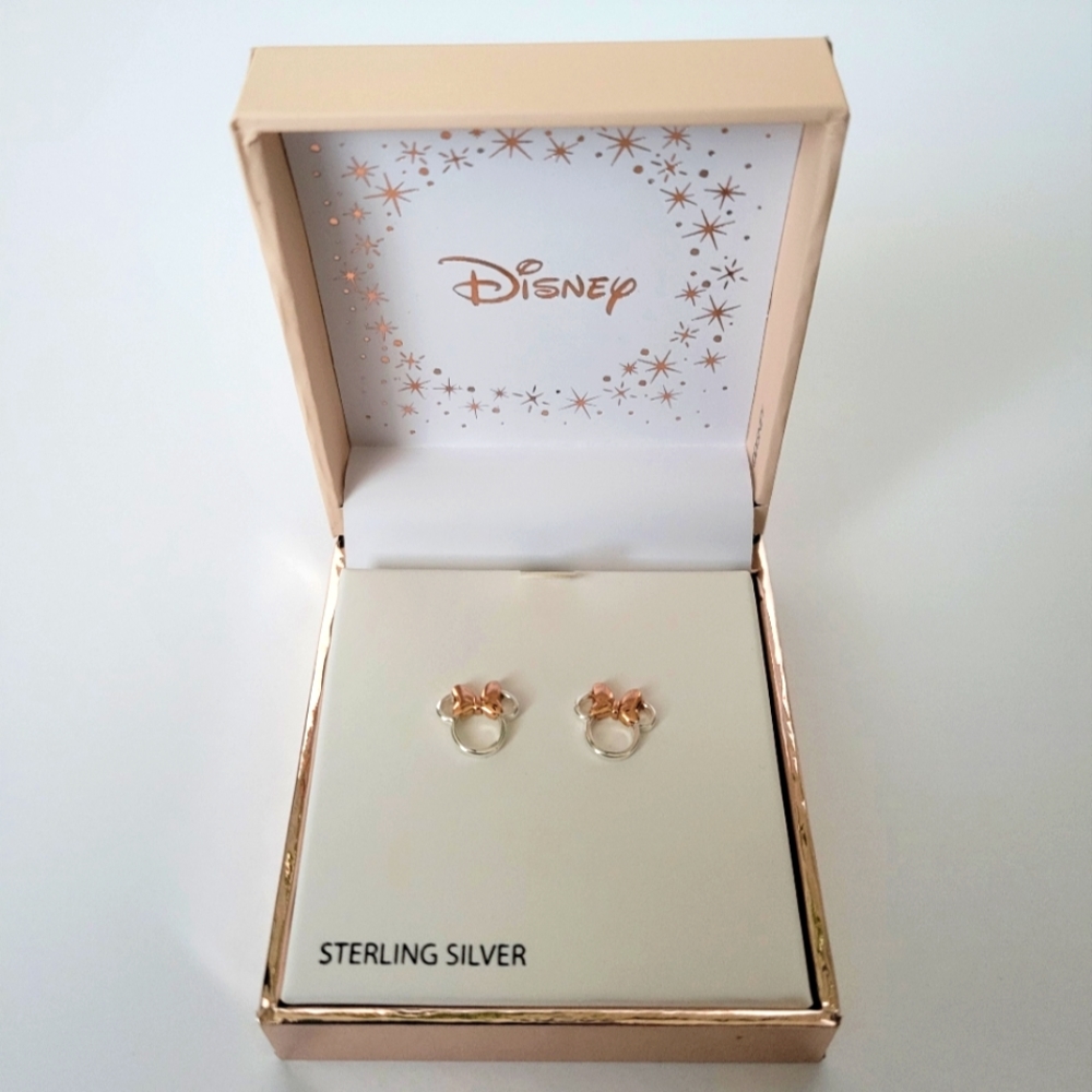 Disney Minnie Mouse Sterling Silver Stud Earrings Rose Gold Bow New In Box 925TT